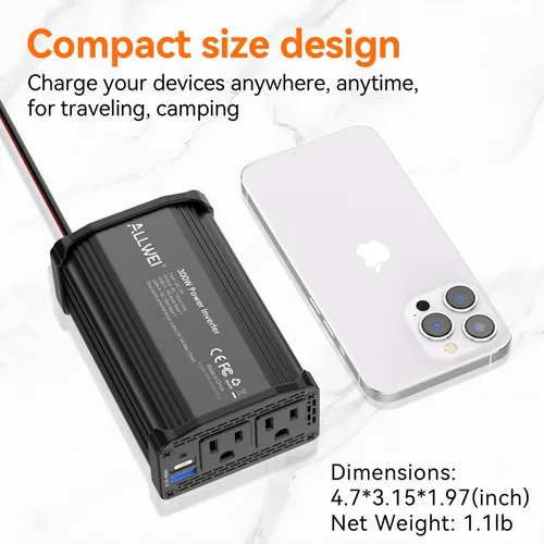 Miniatura 6 de ALLWEI - Inversor de corriente de 300 W, adaptador de toma de corriente con enchufe para coche, CC 12 V a CA 110 V, con cargador rápido USB-C PD