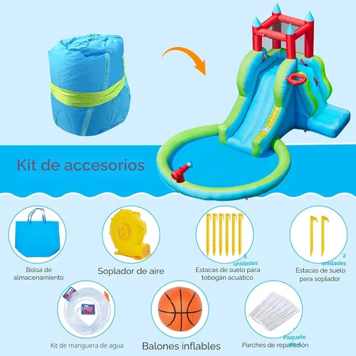 Miniatura 8 de Yaheetech Tobogán acuático inflable para niños, tobogán inflable 5 en 1 para exteriores para niños de 3 a 8 años con cañón de agua, aro