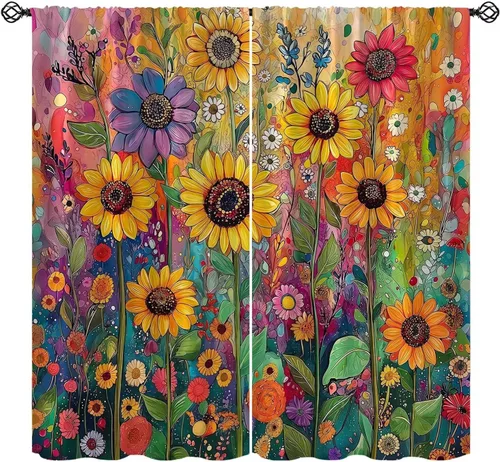 Miniatura 12 de Sunflower Curtains for Living Room Bedroom, Spring Nature Blue Sky and Butterfly Window Drapes, Rustic Wooden Fence Floral Botanical Decor, 2 Panels