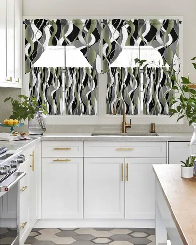 Miniatura 6 de Juego de 3 cortinas de cocina con cenefa a rayas verdes salvia, con bolsillo para barra, para dormitorio, sala de estar, baño, ventanas, modernas