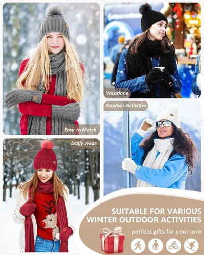 Miniatura 7 de Conjunto de gorro y bufanda para mujer, gorro de invierno con forro polar con pompones, bufanda de punto larga, guantes para pantalla táctil