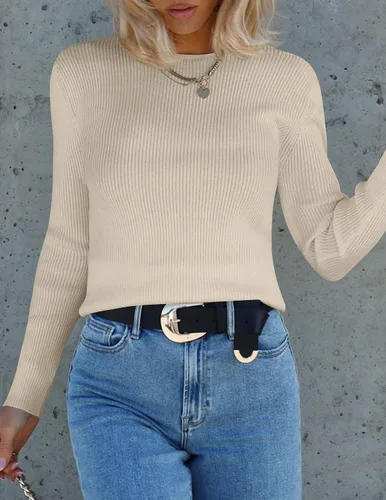 Miniatura 2 de ZESICA Camisetas de manga larga con cuello redondo para mujer, para otoño, de punto acanalado, ajustadas, casuales, color sólido, básicas