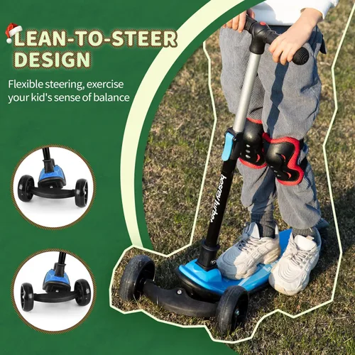 Miniatura 4 de Besrey - Patinete para niños de 3 a 10 años, patinete plegable de 3 ruedas con altura ajustable, ruedas con luz LED, plataforma extra ancha para Azul