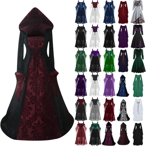 YUTANRAL Vestido de Halloween para mujer, vestido largo de moda de talla grande, vestido gótico medieval vintage, vestido renacentista, disfraz de