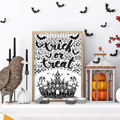Miniatura 6 de Whaline 12 rollos de cintas Washi de Halloween, color blanco y negro, fantasma, murciélago, araña, calabaza, Washi, cinta adhesiva de 0.591 in