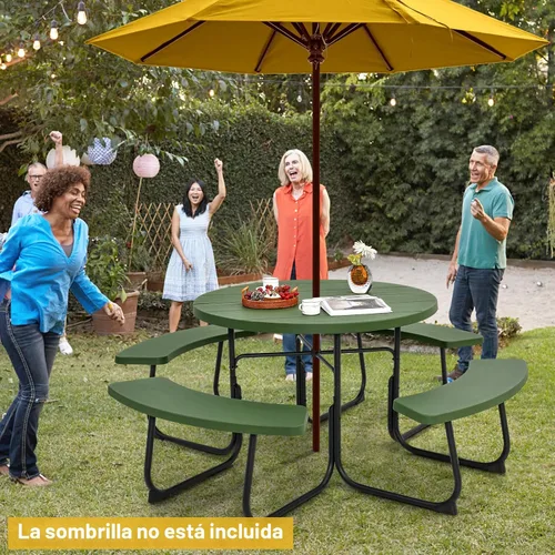 Miniatura 2 de Mesa de picnic Tangkula para 8 personas, mesa redonda para exteriores con 4 bancos incorporados, agujero para sombrilla, marco de metal y superficie