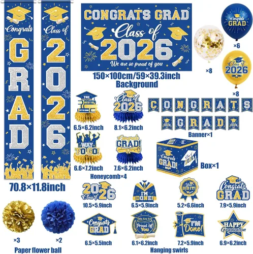 Miniatura 5 de Decoraciones de graduación de la clase de 2026, decoraciones de graduación azul y dorado con pancarta de felicitaciones, telón de fondo, letrero