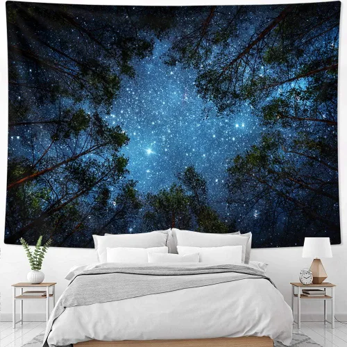 Miniatura 3 de HOMKUMY Tapiz de pared estrellado, tapiz de noche estrellada de bosque con impresión 3D, tapiz de árbol de estrella, tapiz psicodélico indio