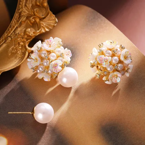 Miniatura 8 de Aretes de bola de flor de perlas, aretes de bola blanca para mujeres y niñas, Zinc, Perla