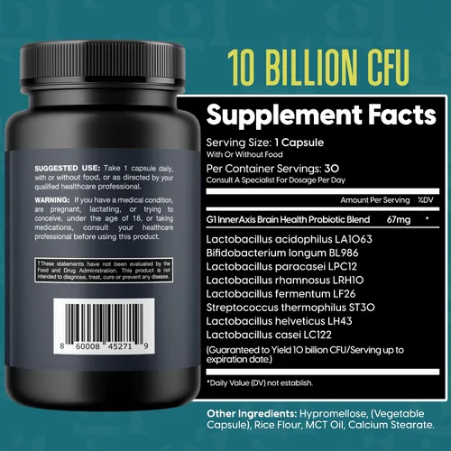 Miniatura 2 de InnerAxis - Probiótico 2 en 1 para la salud cerebral e intestinal, 10 mil millones de UFC, 8 cepas simbióticas para el intestino, psicobiótico