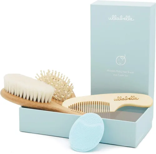 Ullabelle Juego de 4 cepillos y peine de madera para el pelo del bebé para recién nacidos y niños pequeños en una elegante caja de regalo, pelo