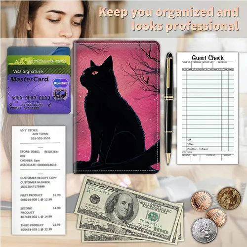 Miniatura 5 de Libros para camarera con bolsillo con cremallera, almohadillas de cuero de nebulosa rosa gato (5 x 8 pulgadas), organizador de meseros