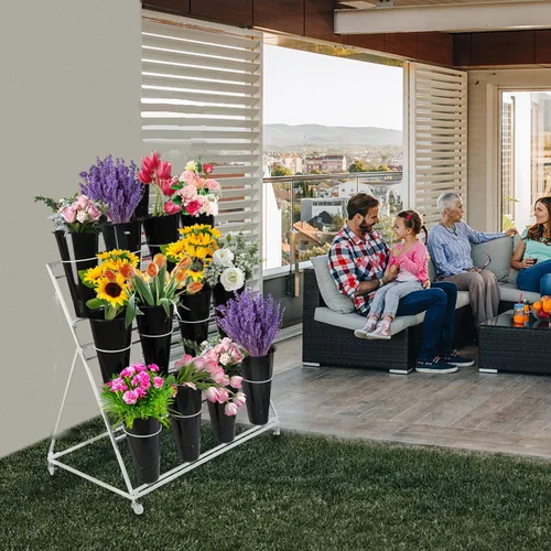 Miniatura 3 de Soporte de exhibición de flores con cubos, soporte de metal para plantas de 3 capas con ruedas, estante móvil para ramo de floristería para tienda