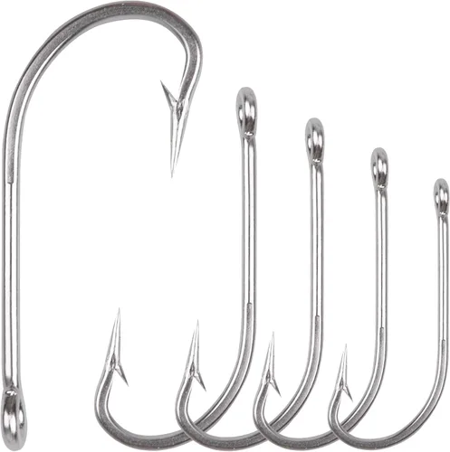 Anzuelos de Pesca de Agua Salada J Hooks O'Shaughnessy Forjados Extra Fuertes de Acero Inoxidable para Trolling Lubina Rayada Pargo, Tamaño 1/0-10/0