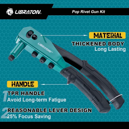 Miniatura 3 de Kit de pistola remachadora Libraton, pistola de remache pop, herramienta de remache de servicio pesado, remachadora manual profesional, herramienta