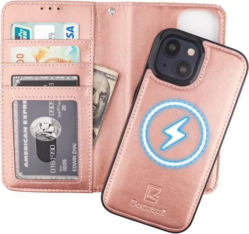 Miniatura 10 de Bocasal Funda tipo cartera desmontable para iPhone 15 con bloqueo RFID, ranuras para tarjetas, soporte de cuero PU premium, soporte magnético tipo