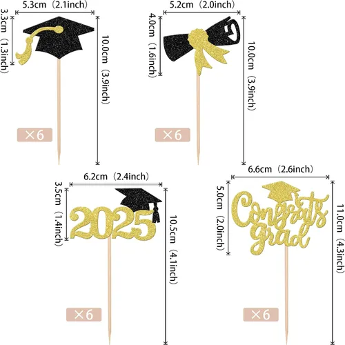 Miniatura 2 de 24 piezas 2025 decoraciones para cupcakes de graduación 2025 con purpurina contratos graduados diploma de graduación clase de 2025, selecciones