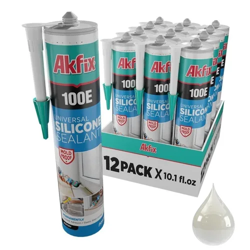Akfix 100E RTV Masilla de Silicona Transparente (12x10.1 fl.oz.)- Sellador de Silicona 100% Impermeable para Cocina y Baño, Ducha, Ventana y Puerta