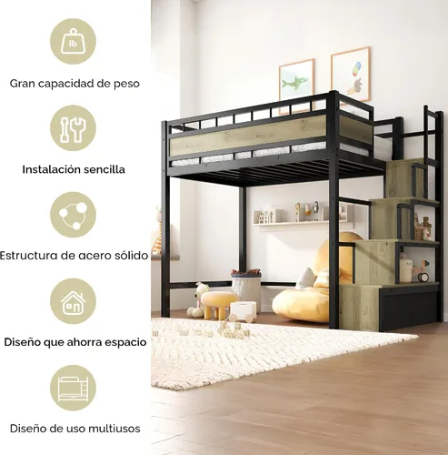 Miniatura 4 de soges Cama tipo loft con escaleras, cama alta de metal con cajones de almacenamiento, ideal para dormitorios, apartamentos, habitaciones de niños