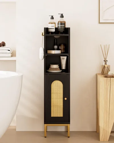 Gabinete de Almacenamiento para Baño, Pequeño Mueble de Esquina de Piso con 2 Ganchos, Gabinete Estrecho para Papel Higiénico con Puerta de Ratán,