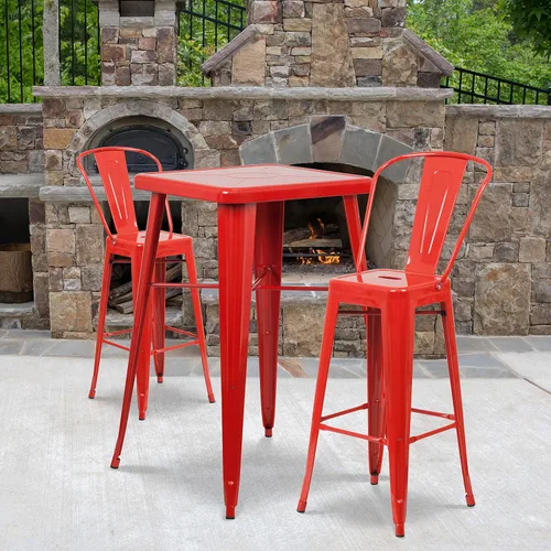 EMMA + OLIVER Paquete de 4 taburetes de bar de metal rojo de 30 pulgadas de alto para interiores y exteriores con respaldo, muebles de cocina