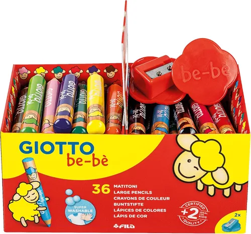 GIOTTO be-bè Lápices y sacapuntas grandes paquete preescolar para niños pequeños, 36 lápices, colores surtidos, ideal para la escuela y el hogar