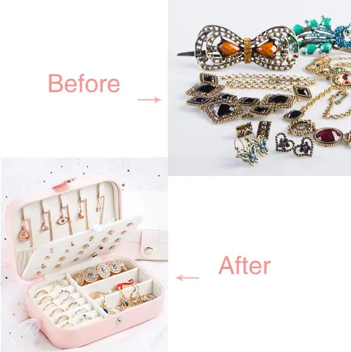 Miniatura 4 de DREAMGLAMOUR Joyería de viaje caja de viaje de doble capa joyero de viaje regalo para mujeres niñas con 6 pulseras de regalo collar aretes anillos