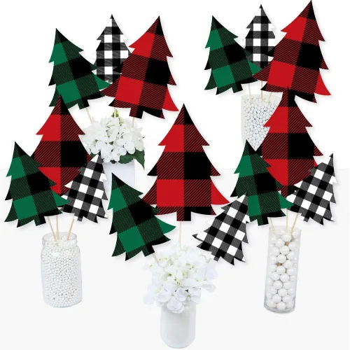 Miniatura 2 de Big Dot of Happiness Holiday Plaid Trees - Palitos de centro de mesa de fiesta de Navidad a cuadros de búfalo - Juego de 15