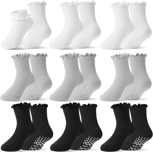 Miniatura 7 de Calcetines tipo crew de algodón con volantes y agarre antideslizante para bebés y niñas pequeñas, para uniforme escolar, transpirables, 9 pares