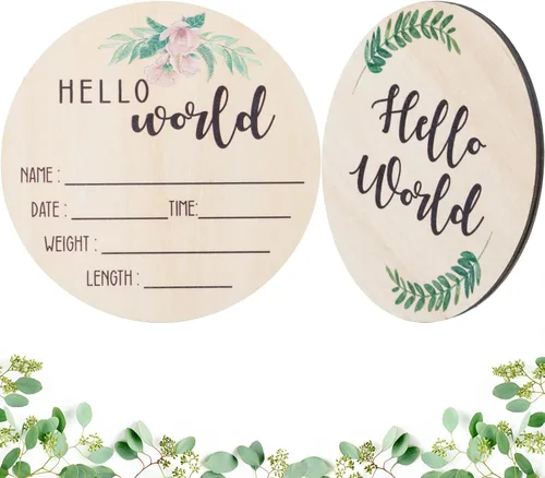 Letrero de anuncio de bebé para nacimiento de recién nacido: letrero de madera con el nombre del mundo para hospital, tablero redondo floral de
