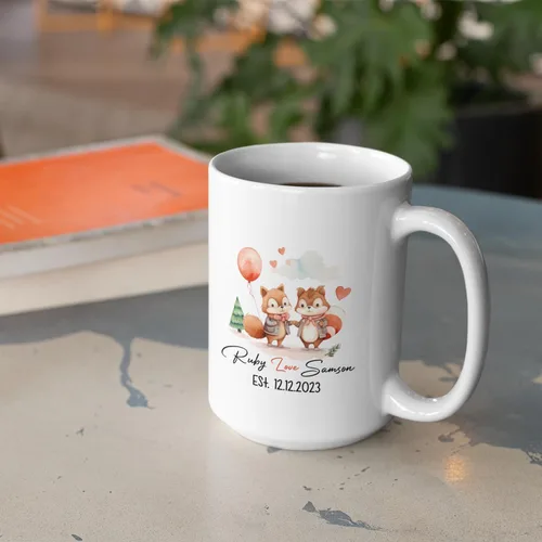 Miniatura 3 de Taza de café personalizada con diseño de zorro de 11 onzas, 15 onzas, divertida taza de viaje para pareja de zorros, taza de té con nombre y fecha
