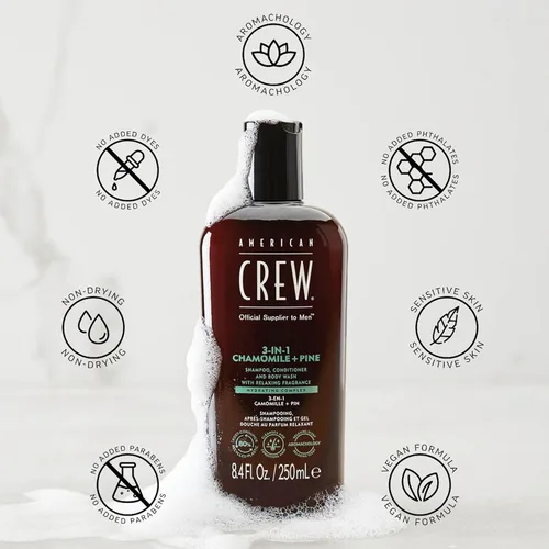 Miniatura 6 de AMERICAN CREW Manzanilla y pino 3 en 1, champú, acondicionador y gel de baño para hombres, regalo de cuidado del cabello para él, fragancia calmante