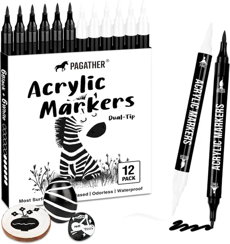 Pagather Marcadores de pintura acrílica en blanco y negro, paquete de 12 marcadores de doble punta con punta fina y punta de pincel para piedra,
