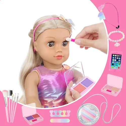 Miniatura 6 de ZITA ELEMENT Juego de 14 piezas de accesorios de maquillaje para muñeca de 18 pulgadas con vestido para muñeca de la generación, juego de maquillaje