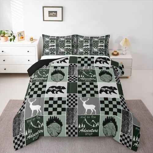 Miniatura 102 de Juego de edredón de oso y ciervo, tamaño individual, ropa de cama de animales salvajes de caza, colcha rústica de cabaña, casa de campo, cuadros