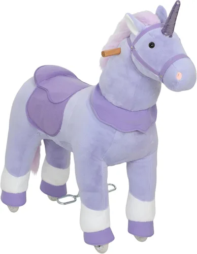 Qaba Caballo de montar para niños de 4 a 7 años, unicornio de felpa de 37.8 pulgadas de altura, animal caballo que camina con ruedas rodantes para