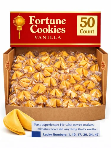 50 Galletas de la Fortuna - Envueltas Individualmente con Divertidos Adivinamientos Tradicionales, Números de la Suerte y Caracteres Chinos -