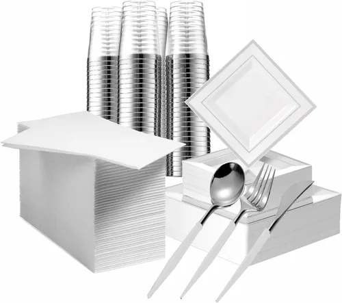 Juego de platos desechables dorados para 50 invitados, juego de vajilla de plástico plateado de 350 piezas, 100 platos cuadrados de plástico con