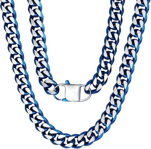 Miniatura 41 de YAMI Cadena de eslabones cubanos para hombre, azul/negro/oro de 14 quilates, acero inoxidable de 0.394-0.472 in de grosor, collar de cadena