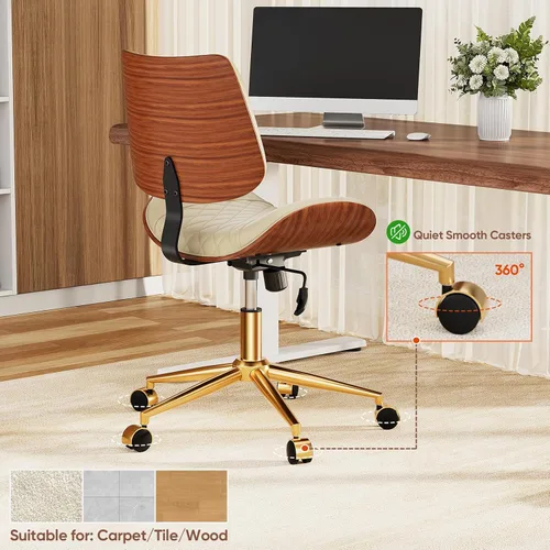 Miniatura 8 de Silla de escritorio de oficina en casa con ruedas giratorias, moderna silla de oficina sin brazos de piel sintética, pequeña silla de computadora
