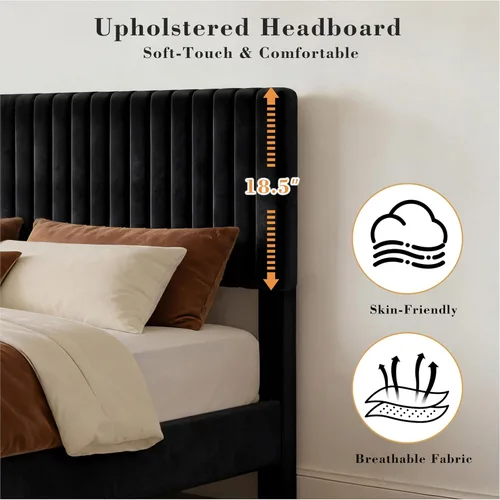 Miniatura 4 de Vipbear Base de cama de tamaño matrimonial con heaboard, marco de cama tapizado de terciopelo de lujo con soporte de listones de madera, bajo