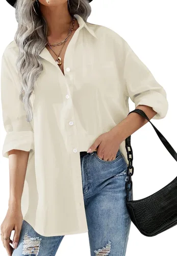 HOTOUCH Camisas de gran tamaño con botones para mujer, blusa de hombro caída para oficina, de manga larga, estilo novio, camisa de vestir con