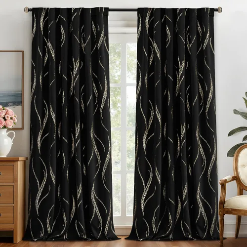 Miniatura 78 de Yakamok Cortinas opacas de 84 pulgadas de largo para sala de estar, con aislamiento térmico, patrón de líneas onduladas doradas, patrón de puntos