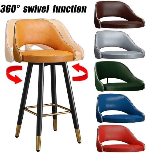 Miniatura 7 de LAJUU Taburetes de bar, silla alta giratoria, respaldo curvado de cuero, taburete de recepción con reposapiés de metal y patas de latón/naranja/25.6