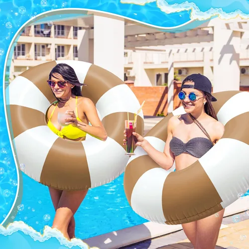 Miniatura 5 de Foilswirl Flotadores inflables jumbo de 47.24 pulgadas para piscina, anillos de piscina a rayas azules y blancas, tubo inflable para mujeres Marrón
