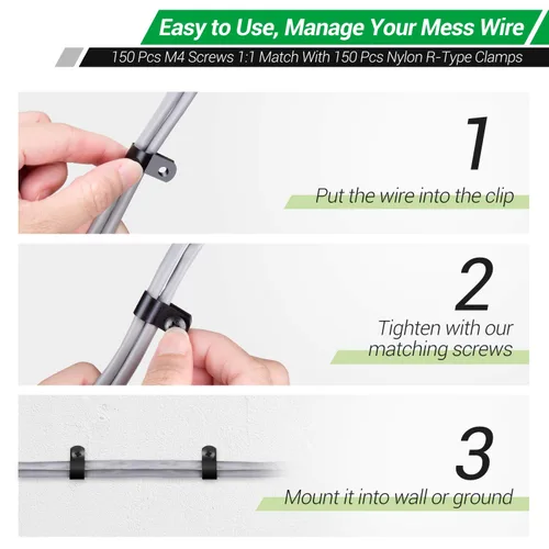 Miniatura 6 de Clips de cable para organizador de cables, 6 tamaños, 300 piezas, nailon tipo R, 3/16 pulgadas, 1/4 pulgadas, 3/8 pulgadas, 1/2 pulgadas, 3/4