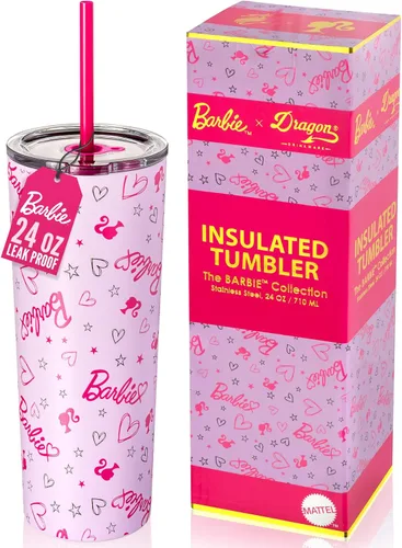 Dragon Glassware x Barbie - Vaso térmico aislado al vacío con tapa y pajilla, vaso térmico de acero inoxidable de 24 onzas con 2 pajillas, vaso