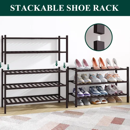 Miniatura 4 de Smiry Zapatero de bambú para armario, organizador de zapatos de madera de 3 niveles, estante apilable de almacenamiento de zapatos de madera