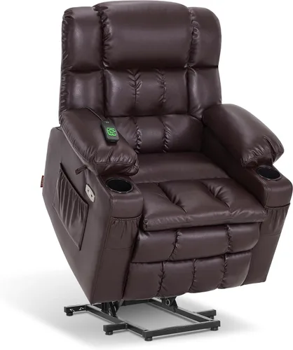 Miniatura 30 de MCombo Silla reclinable eléctrica de motor dual para adultos mayores, silla de elevación plana con calor y masaje, portavasos, puertos USB, piel