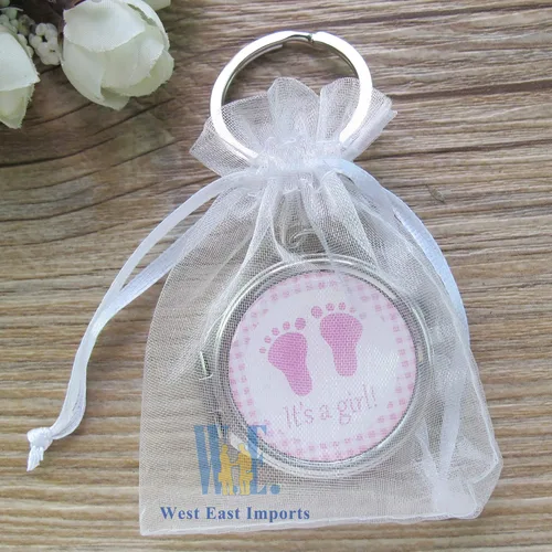 Miniatura 5 de 12 llaveros de espejo compacto para baby shower, con bolsa de organza, diseño de huella rosa